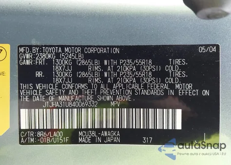 2004 Lexus Rx 330 z USA, uszkodzony, nr VIN JTJHA31U840069332